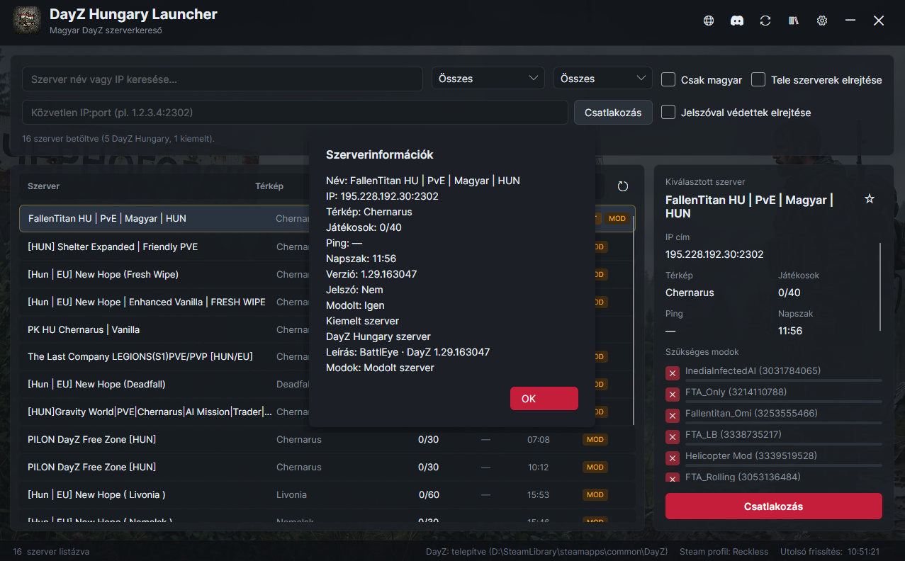 DayZ Hungary Launcher – Szerver részletek